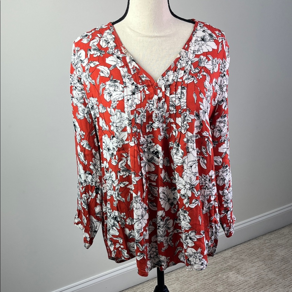 FUN2FUN Floral Blouse Women’s XL Orange White Pleated Split Neck 3/4 Sleeve